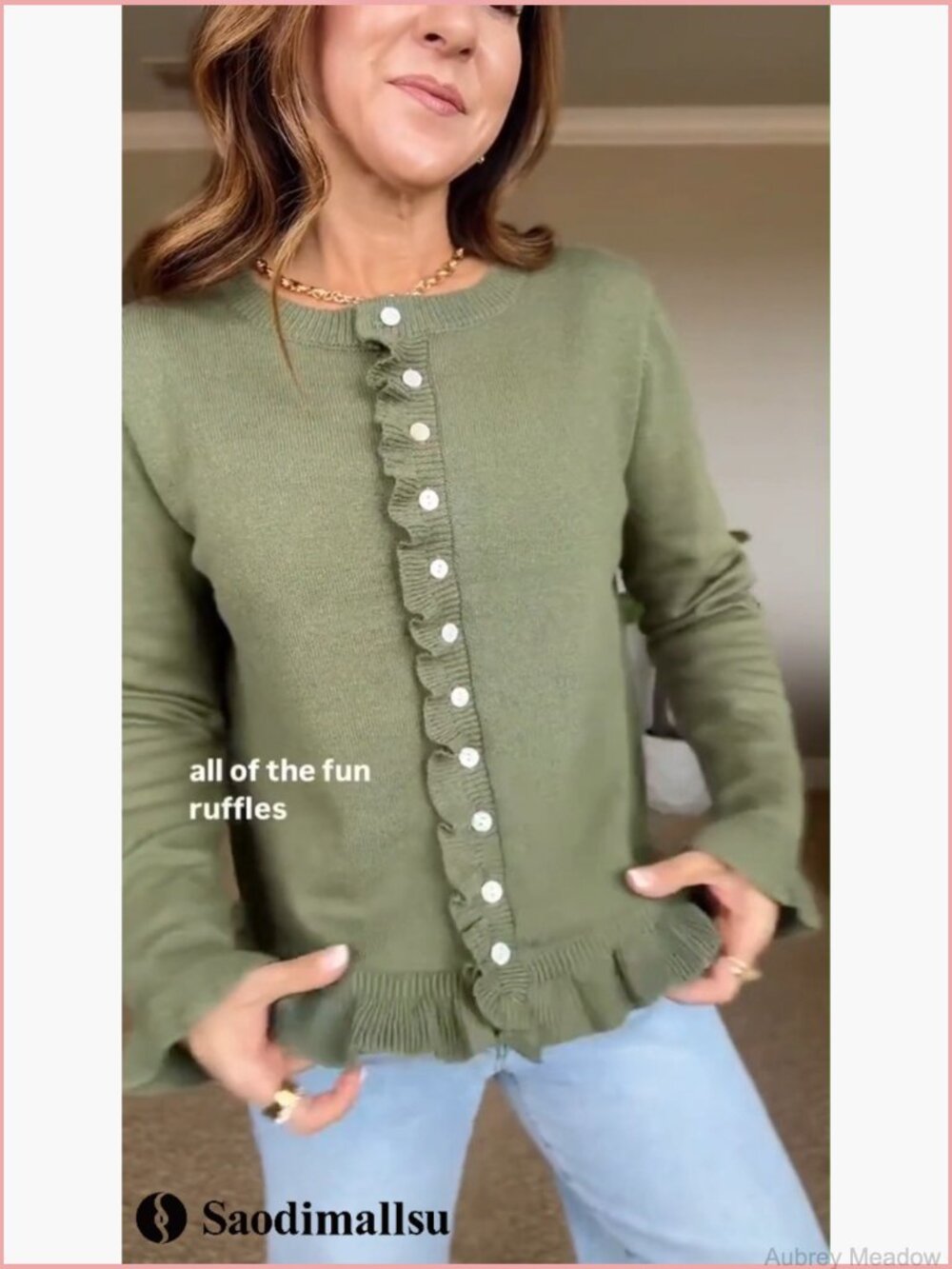 Ruffle Cardigan Sweater Button Up Crew Neck Long Sleeve Cropped Cute Knit Top - Picture 6 of 7